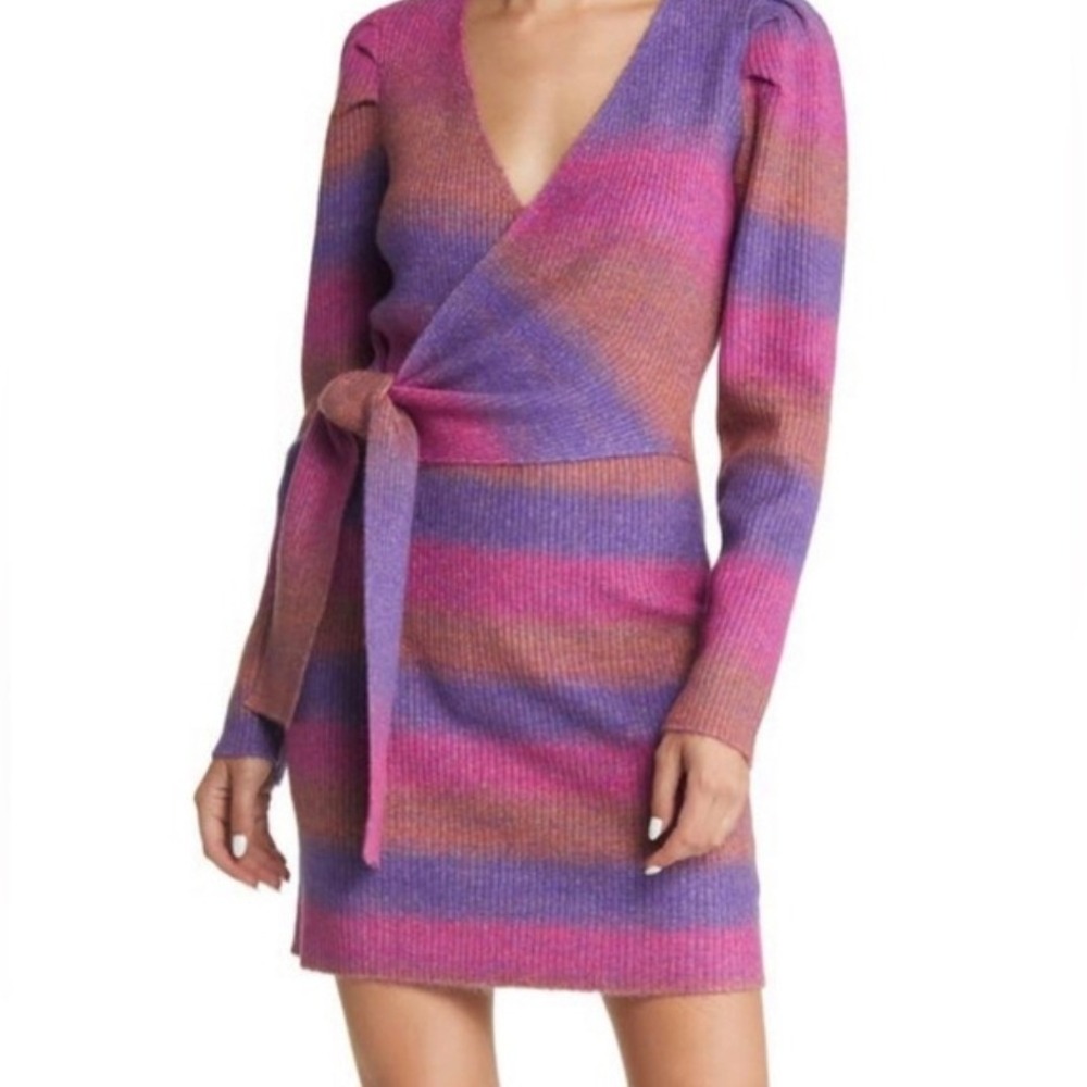 Adelyn Rae Sweater Dress S Purple Ombre Striped Ribbed Wrap Mini Cozy Colorful